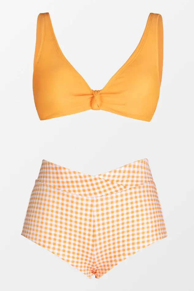 Women Bikini Sets Cupshe Gingham Getaway Knotted Bralette And Banded Boy Shorts Set Yellow
