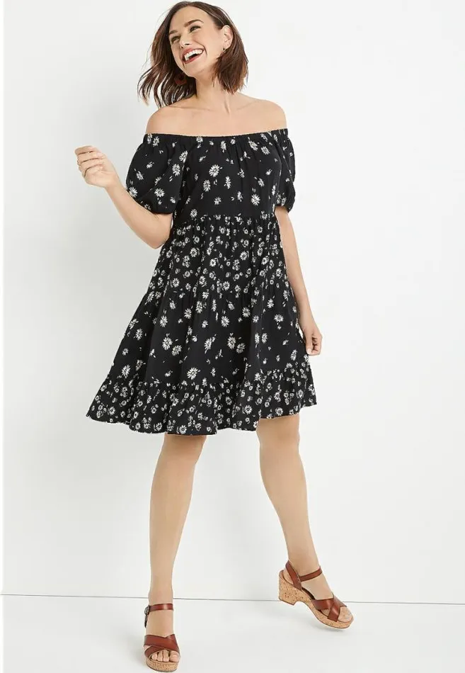 Women Black Daisy Off The Shoulder Babydoll Dress Maurices Dresses and Jumpsuits