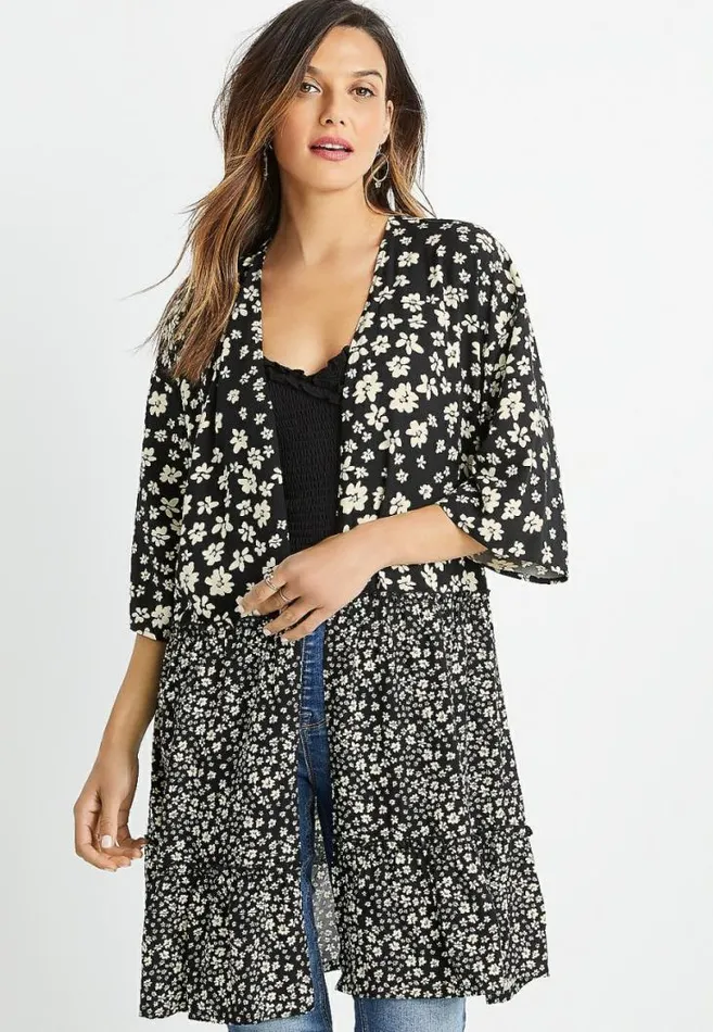 Women Black Daisy Tiered Kimono Maurices Tops