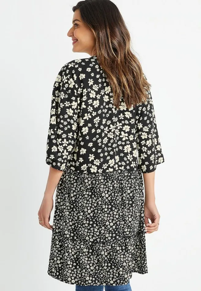 Women Black Daisy Tiered Kimono Maurices Tops