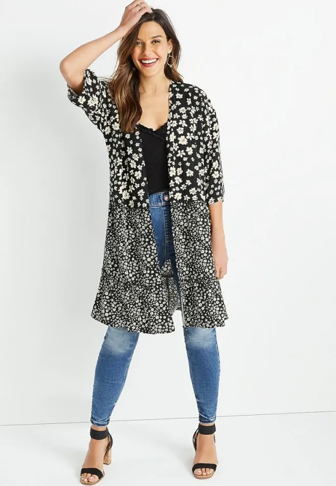 Women Black Daisy Tiered Kimono Maurices Tops
