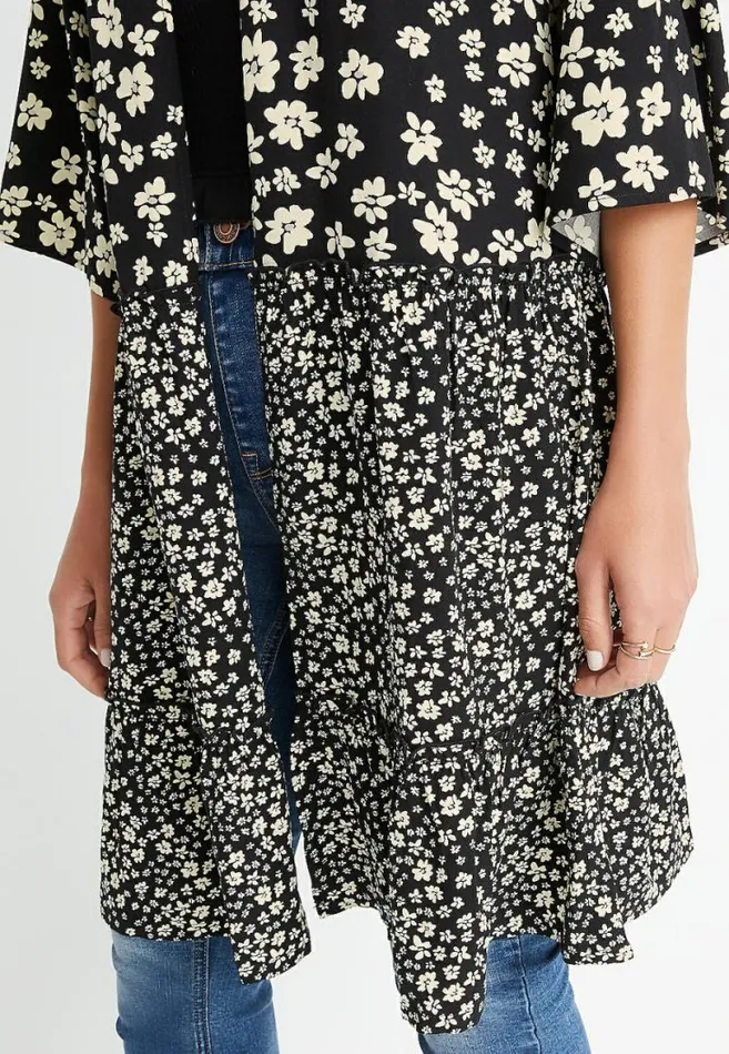 Women Black Daisy Tiered Kimono Maurices Tops