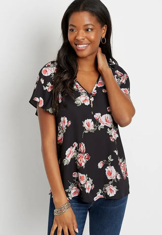 Women Black Floral Button Flutter Sleeve Blouse Maurices Tops
