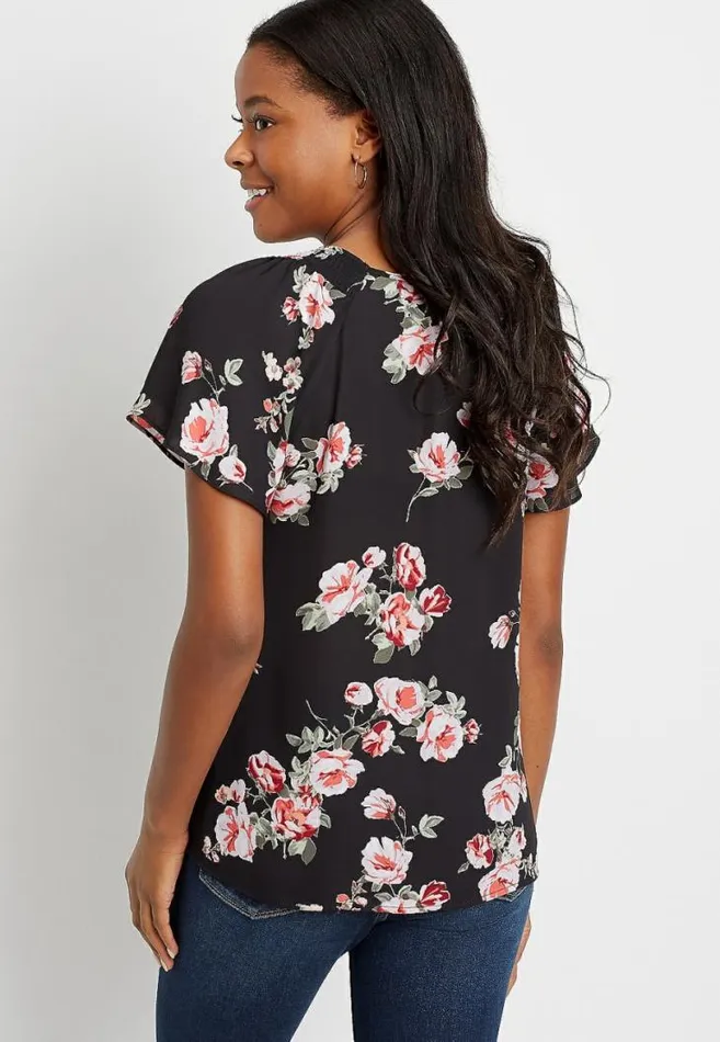 Women Black Floral Button Flutter Sleeve Blouse Maurices Tops