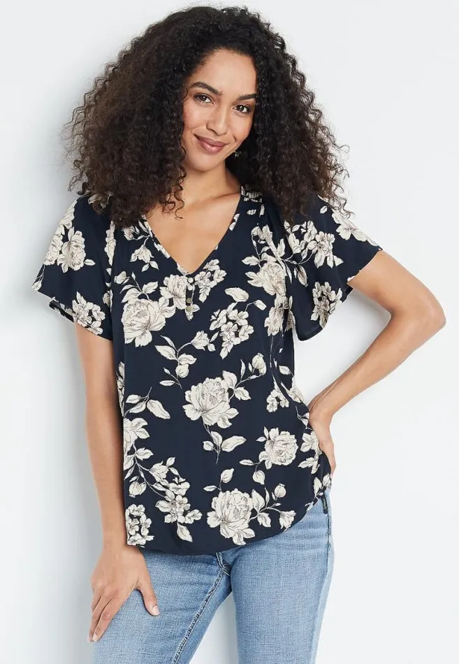 Women Black Floral Flutter Sleeve Button Front Top Maurices Tops