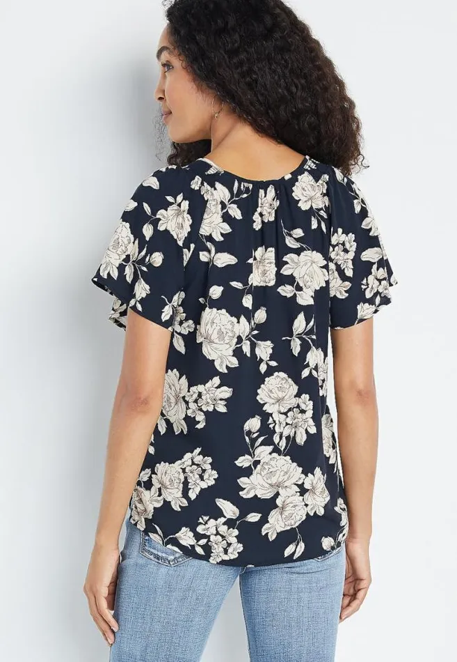 Women Black Floral Flutter Sleeve Button Front Top Maurices Tops