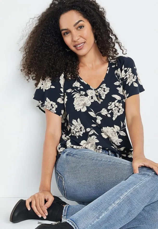 Women Black Floral Flutter Sleeve Button Front Top Maurices Tops