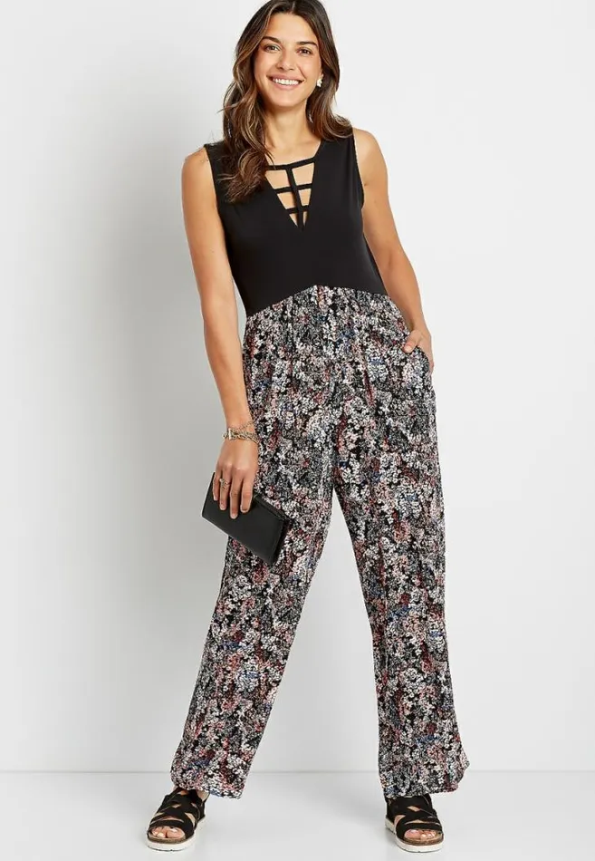 Women Black Floral Strappy Neck Jumpsuit Maurices Dresses and Jumpsuits