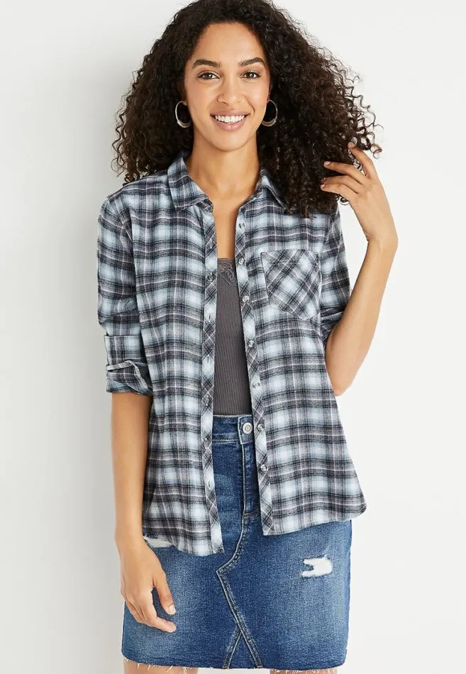 Women Black Plaid Super Soft Button Down Shirt Maurices Tops