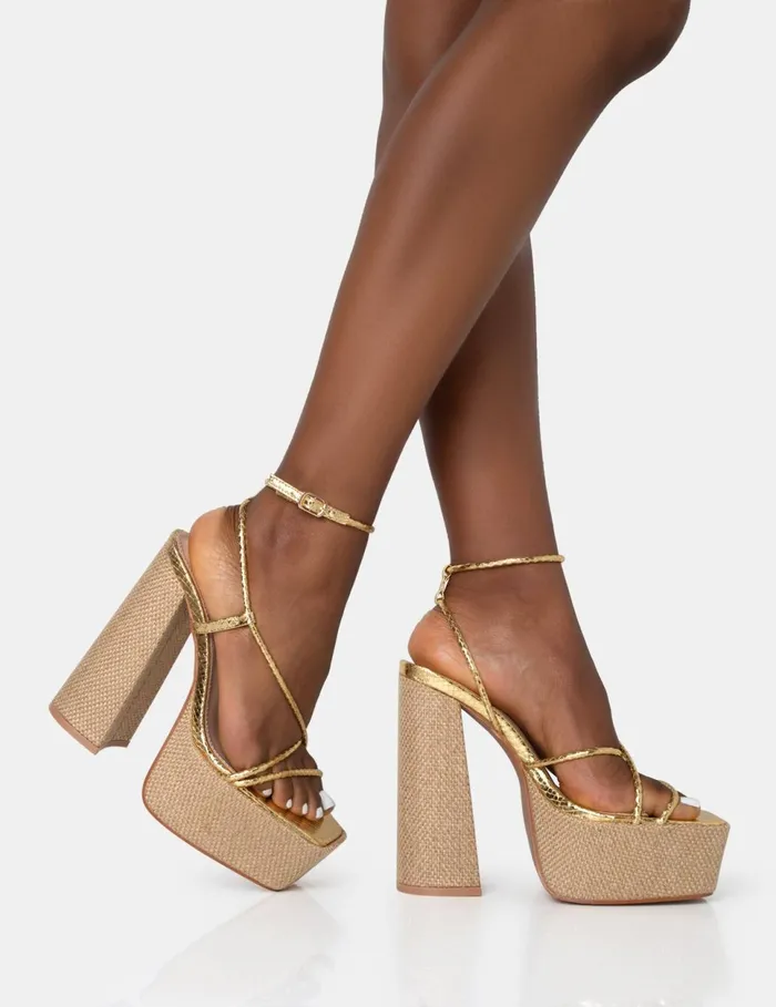 Women Blissful Gold Asymmetric Strappy Square Toe Raffia Platform Block Heels Gold Public Desire Holiday
