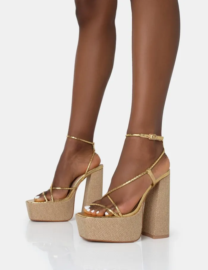 Women Blissful Gold Asymmetric Strappy Square Toe Raffia Platform Block Heels Gold Public Desire Holiday