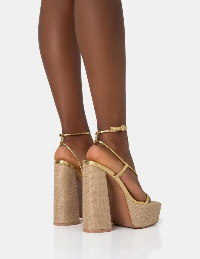 Women Blissful Gold Asymmetric Strappy Square Toe Raffia Platform Block Heels Gold Public Desire Holiday