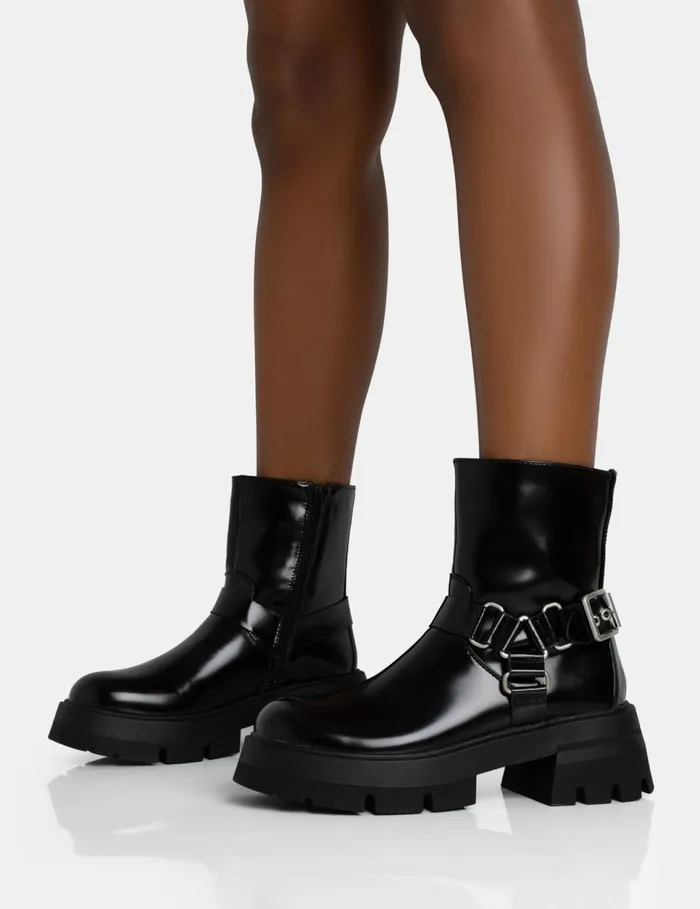 Women Blizzard Black Pu Metal Buckle Detailed Zip Up Rounded Chunky Sole Ankle Boots Black Public Desire Chunky Boots