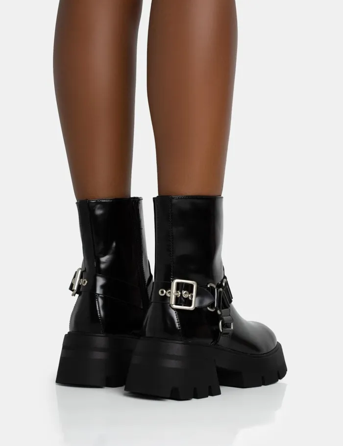 Women Blizzard Black Pu Metal Buckle Detailed Zip Up Rounded Chunky Sole Ankle Boots Black Public Desire Chunky Boots