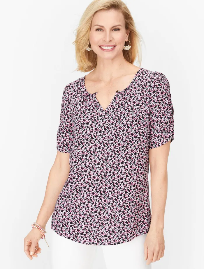 Women Blouses Talbots Playful Ditsy Floral Ruched Sleeve Top Blackviolet Tulle