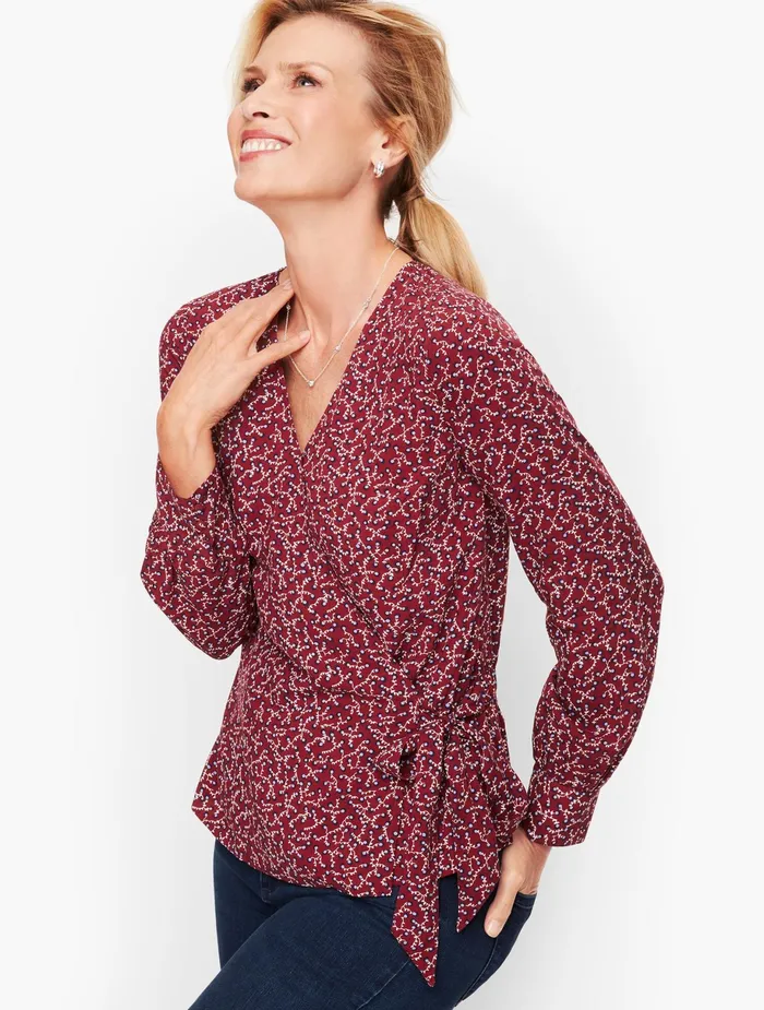 Women Blouses Talbots Poet Sleeve Wrap Top Port Wine
