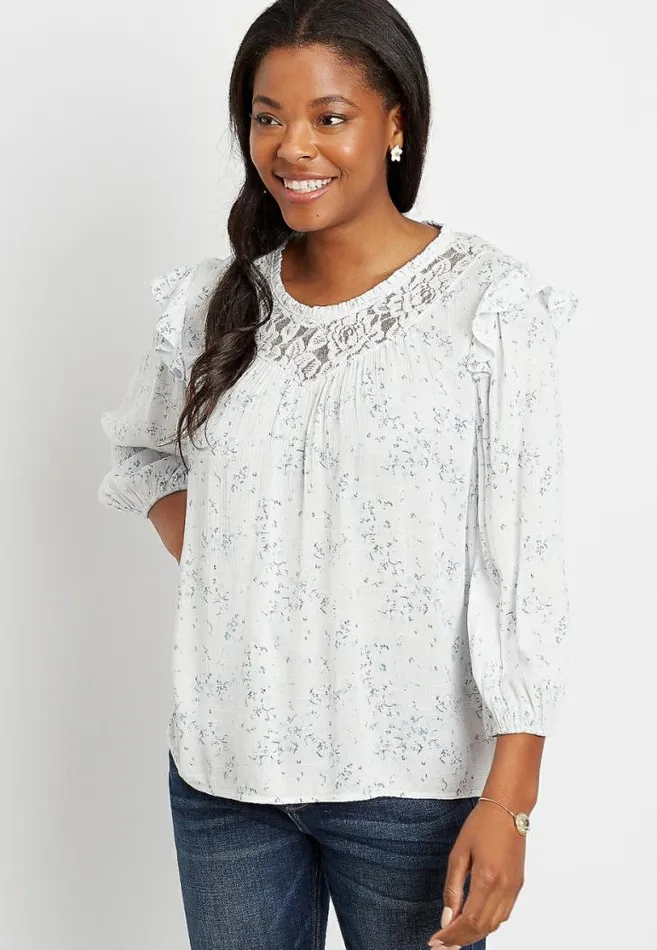 Women Blue Floral Lace 34 Sleeve Swing Top Maurices Tops