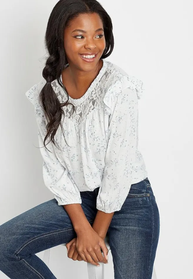Women Blue Floral Lace 34 Sleeve Swing Top Maurices Tops