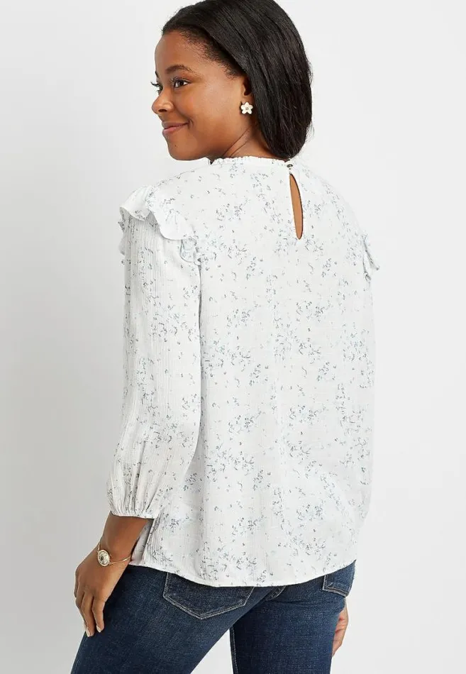Women Blue Floral Lace 34 Sleeve Swing Top Maurices Tops