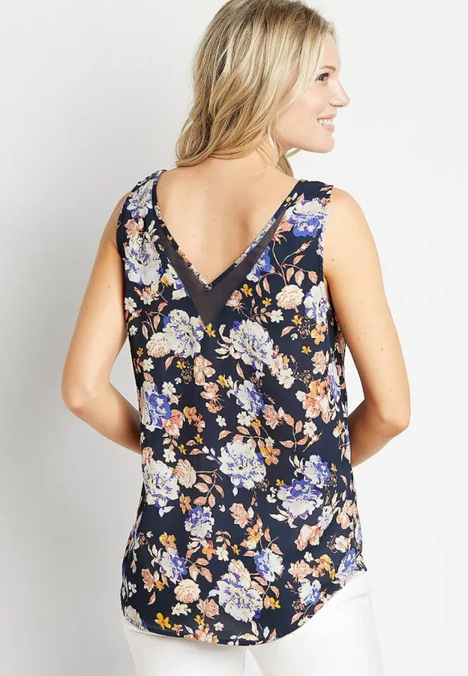 Women Blue Floral Sheer Inset V Neck Tank Top Maurices Tops