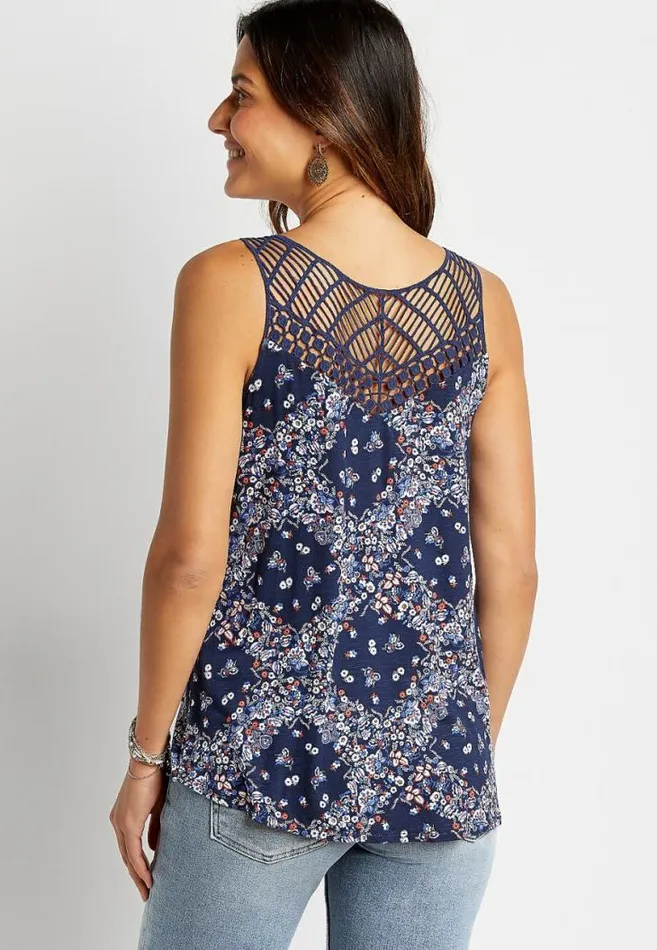 Women Blue Macrame Back Button Front Tank Top Maurices Tops