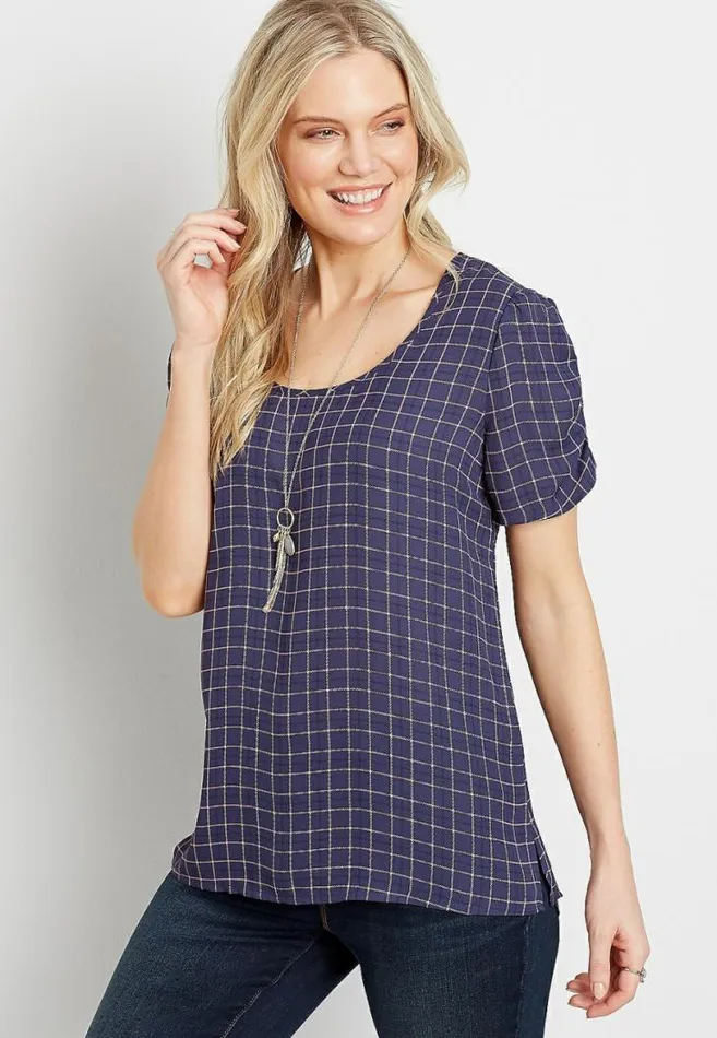 Women Blue Plaid Ruched Sleeve Blouse Maurices Tops