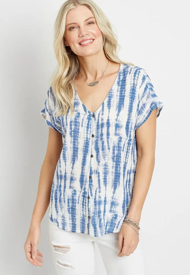 Women Blue Tie Dye Short Sleeve Button Down Shirt Maurices Tops