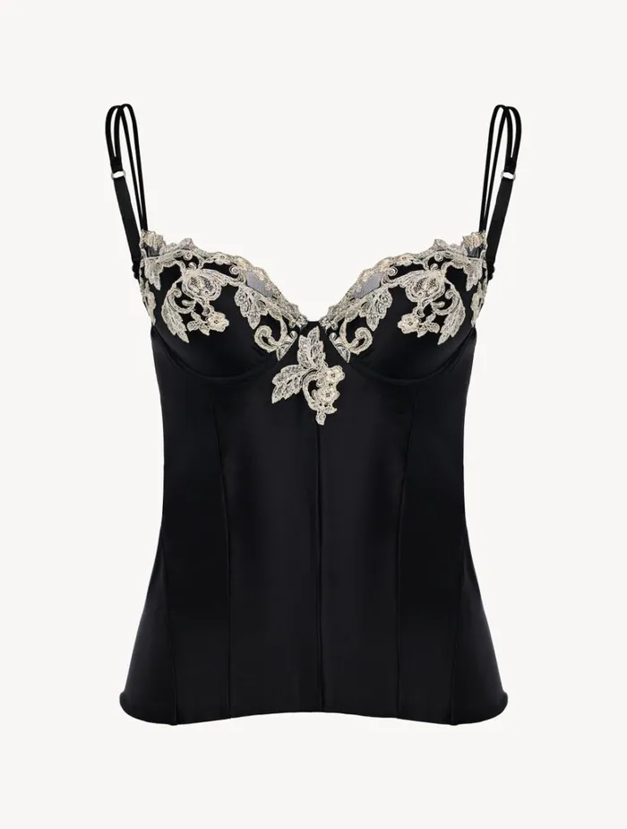 Women Bodysuits and Bustiers La Perla Black Corset In Silk Satin With Frastaglio Women Bodysuits and Bustiers La Perla Black Corset In Silk Satin With Frastaglio