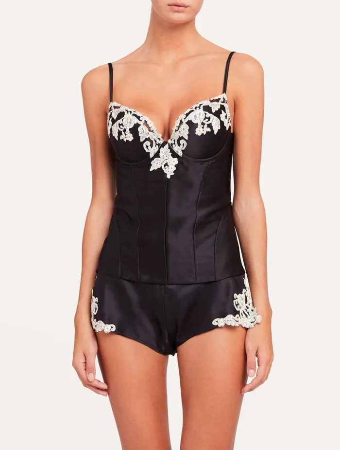 Women Bodysuits and Bustiers La Perla Black Corset In Silk Satin With Frastaglio