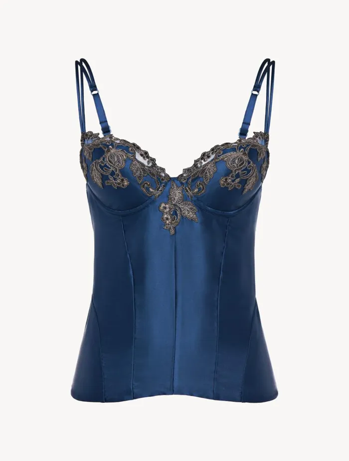 Women Bodysuits and Bustiers La Perla Blue Corset In Silk Satin With Frastaglio