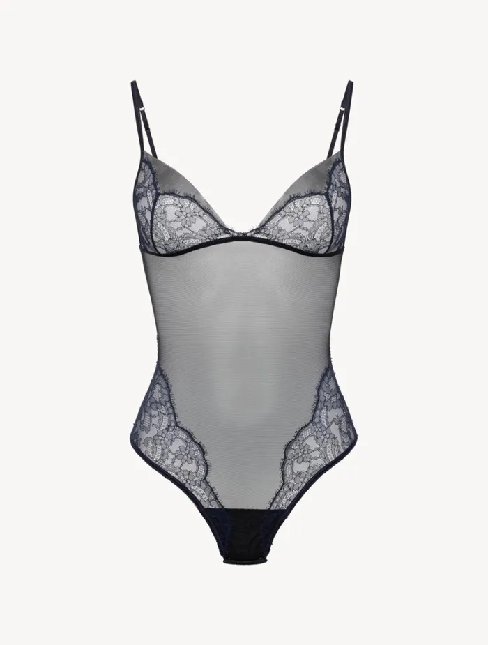Women Bodysuits and Bustiers La Perla Bodysuit In Steel Blue And Black With Leavers Lace