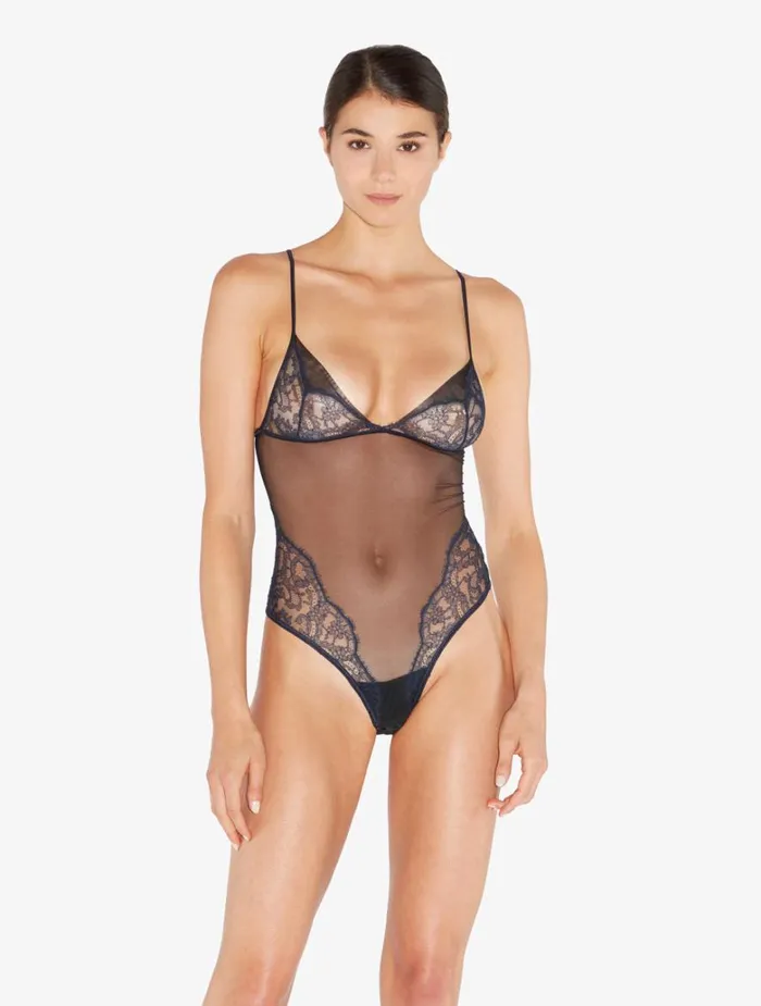 Women Bodysuits and Bustiers La Perla Bodysuit In Steel Blue And Black With Leavers Lace
