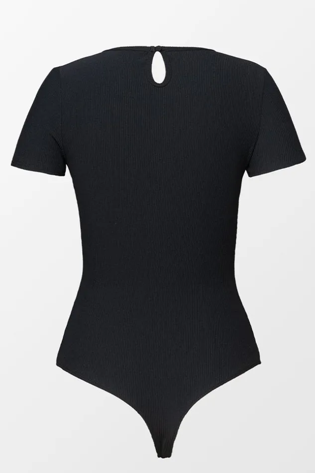 Women Bodysuits Cupshe Angelica Black Round Neck Short Sleeve Cheeky Bodysuit Black