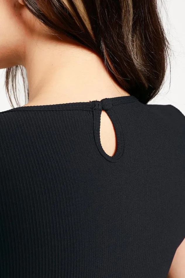 Women Bodysuits Cupshe Angelica Black Round Neck Short Sleeve Cheeky Bodysuit Black