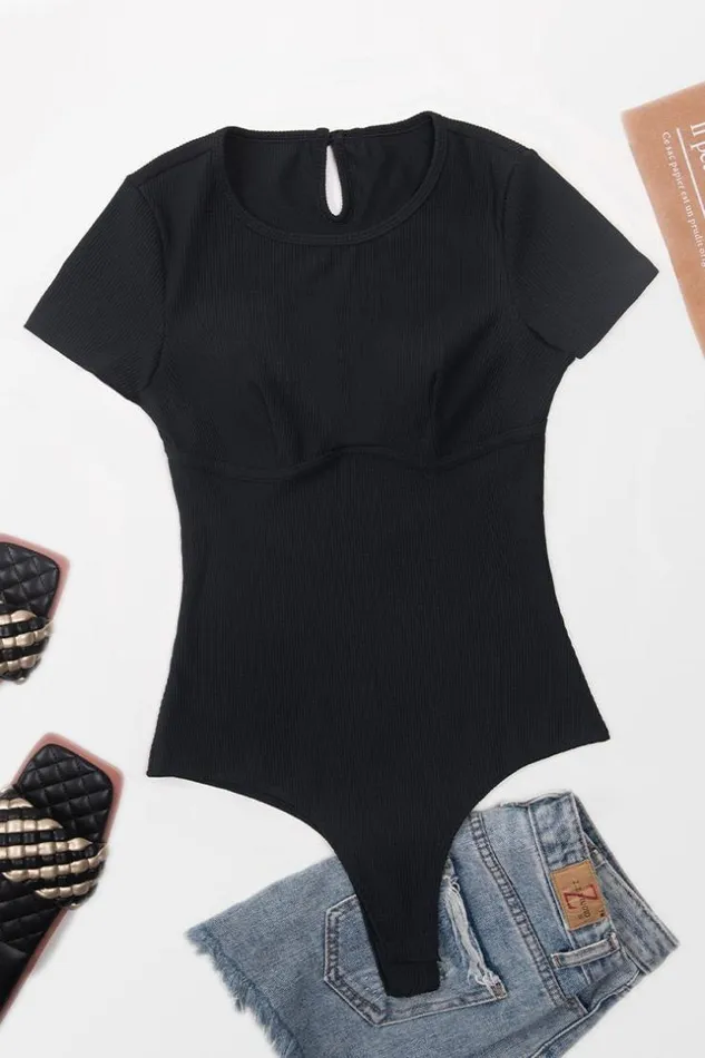 Women Bodysuits Cupshe Angelica Black Round Neck Short Sleeve Cheeky Bodysuit Black