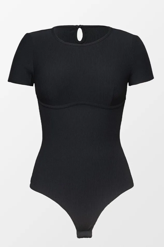 Women Bodysuits Cupshe Angelica Black Round Neck Short Sleeve Cheeky Bodysuit Black