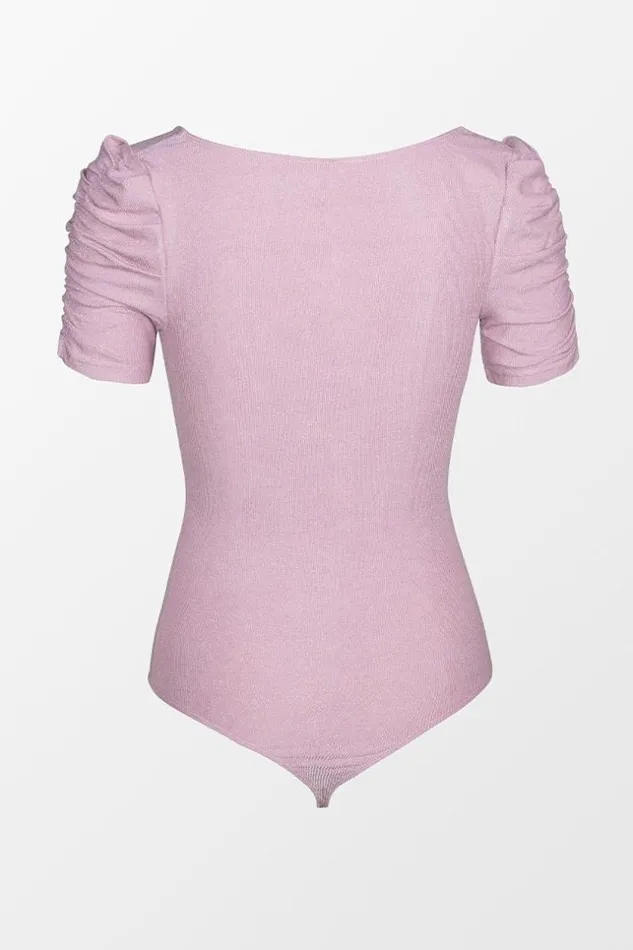 Women Bodysuits Cupshe Anika Puffed Short Sleeve Ruched Bodysuit Pink