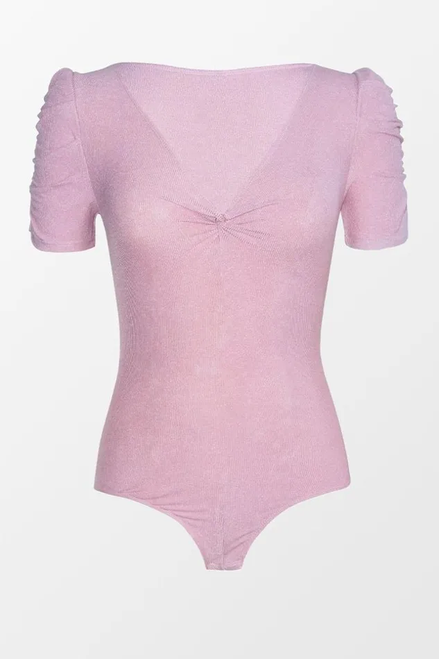 Women Bodysuits Cupshe Anika Puffed Short Sleeve Ruched Bodysuit Pink