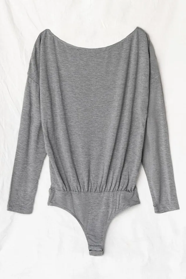 Women Bodysuits Cupshe Christina Gray Long Sleeve Drop Shoulder Bodysuit Gray