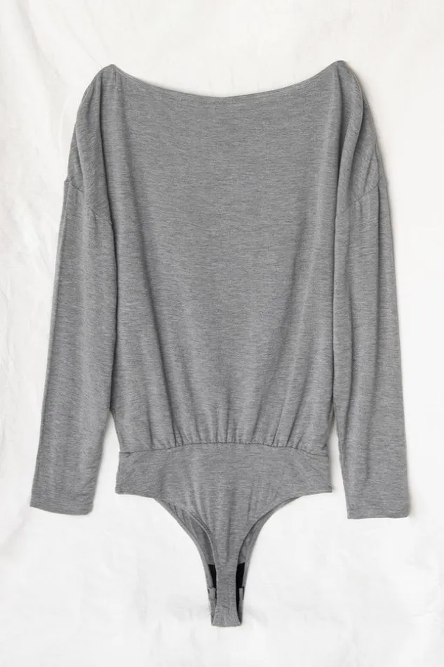 Women Bodysuits Cupshe Christina Gray Long Sleeve Drop Shoulder Bodysuit Gray