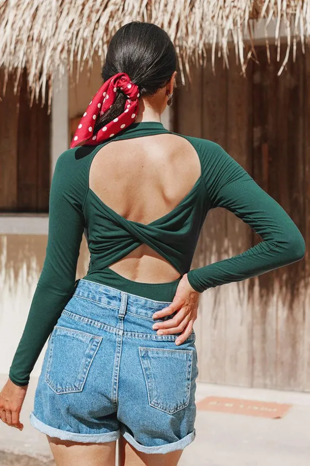 Women Bodysuits Cupshe Fabiola High Neck Cutout Back Bodysuit Green