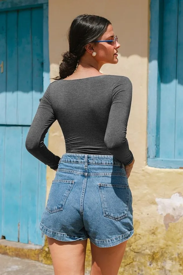Women Bodysuits Cupshe Macy Vneck Long Sleeve Bodysuit Grey