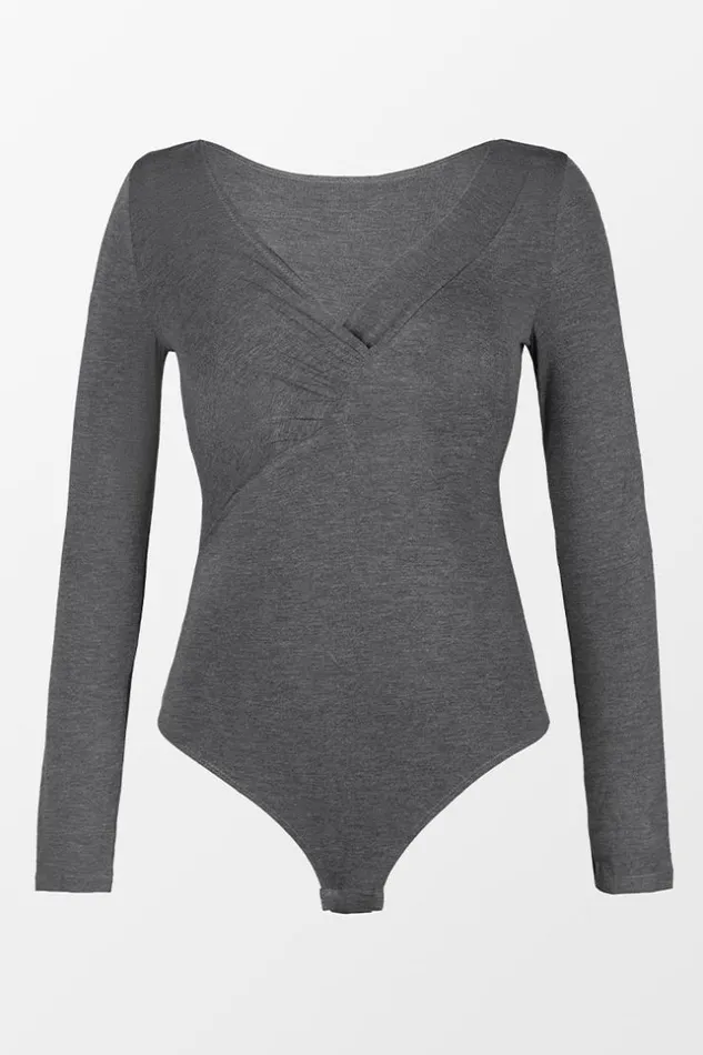 Women Bodysuits Cupshe Macy Vneck Long Sleeve Bodysuit Grey