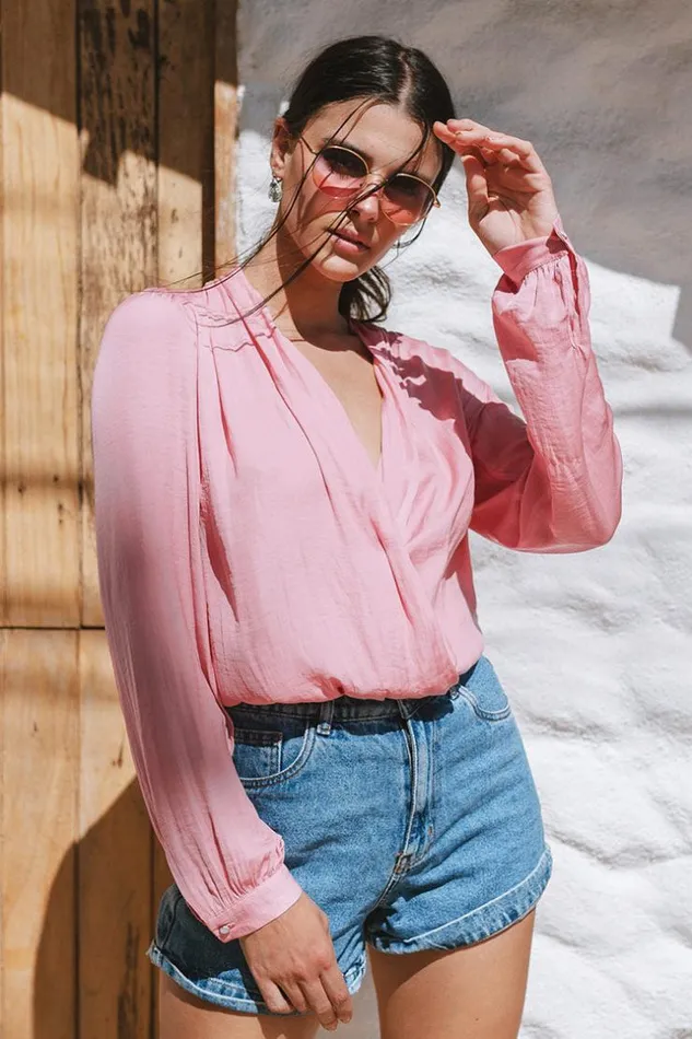 Women Bodysuits Cupshe Oakley Vneck Long Sleeve Bodysuit Pink