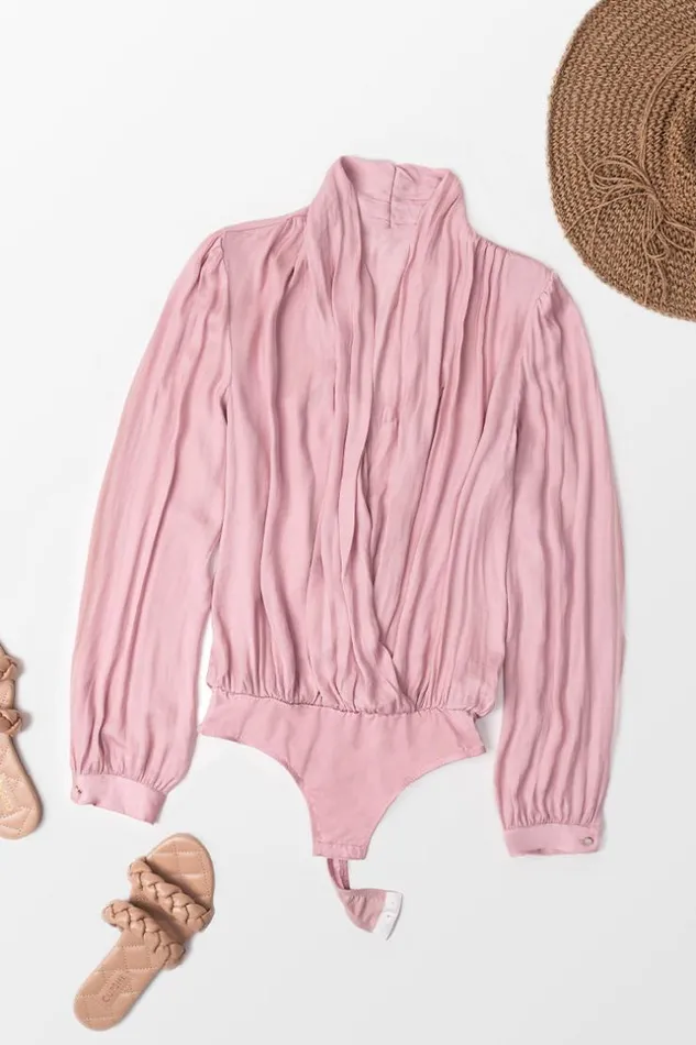 Women Bodysuits Cupshe Oakley Vneck Long Sleeve Bodysuit Pink