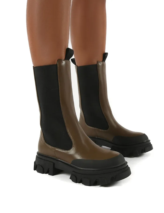 Women Boston Khaki Calf High Chunky Sole Boots Green Public Desire Ankle Boots Women Boston Khaki Calf High Chunky Sole Boots Green Public Desire Ankle Boots