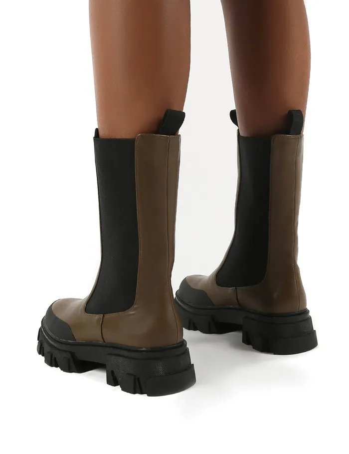 Women Boston Khaki Calf High Chunky Sole Boots Green Public Desire Ankle Boots