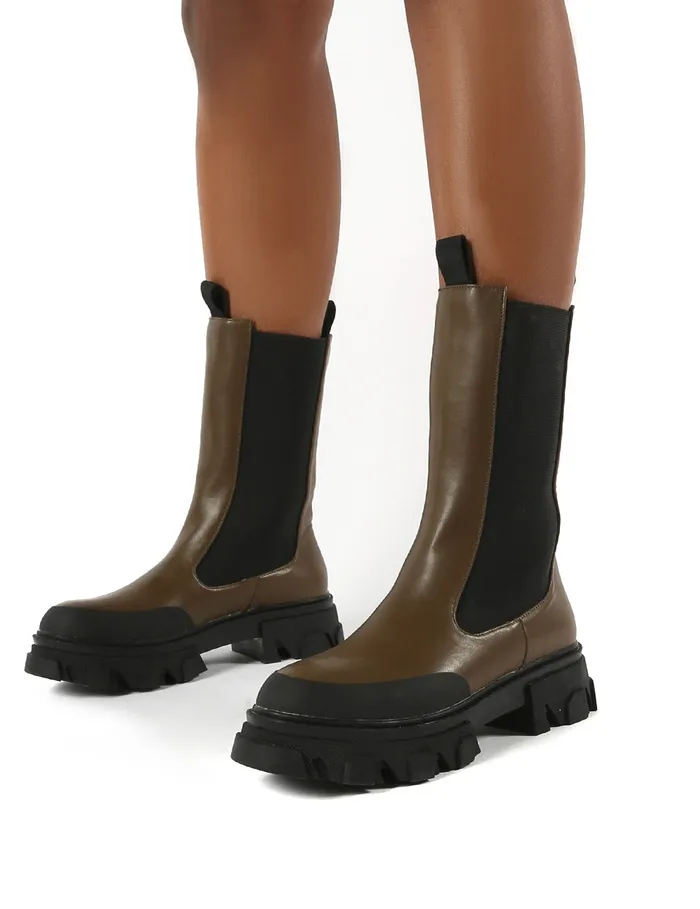 Women Boston Khaki Calf High Chunky Sole Boots Green Public Desire Ankle Boots
