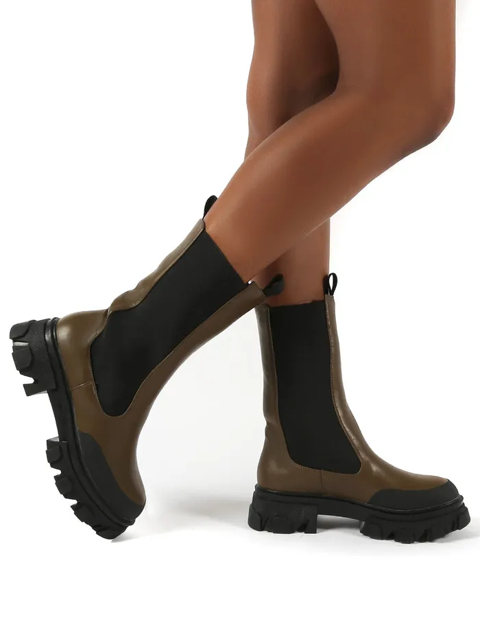 Women Boston Khaki Calf High Chunky Sole Boots Green Public Desire Ankle Boots