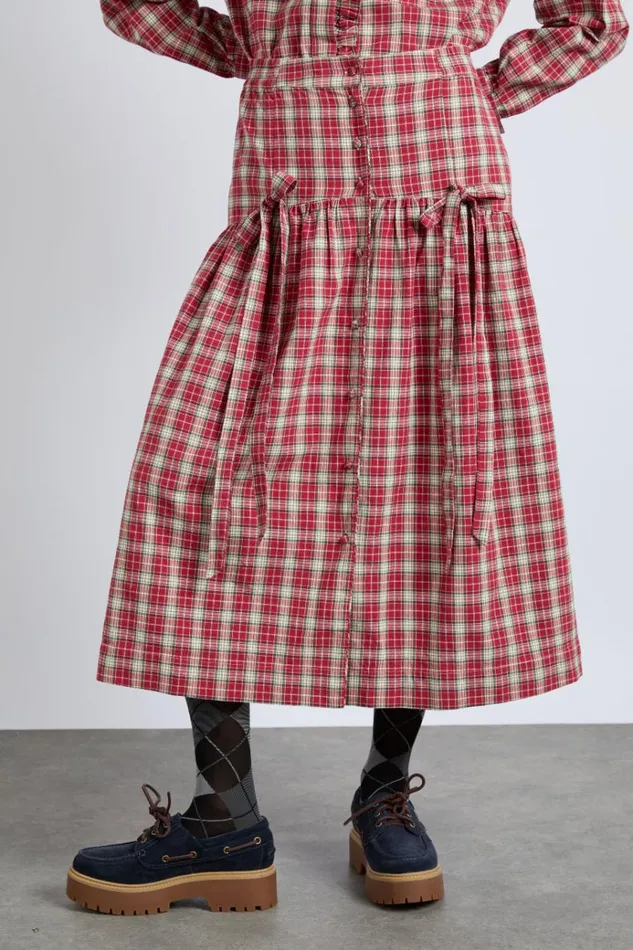 Women Bottoms Damson Madder Bronte Button Through Midi Skirt 8211 Red Check
